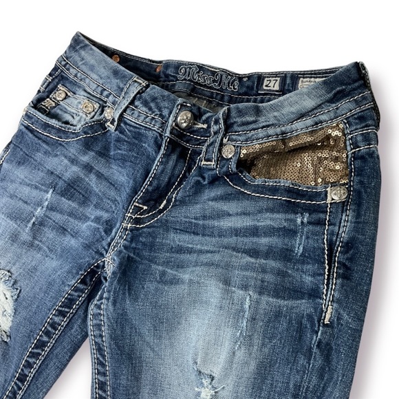 Miss Me Cuffed Skinny Flap Pocket Sequin Detail Distressed Jeans Sz 27 - Picture 4 of 12